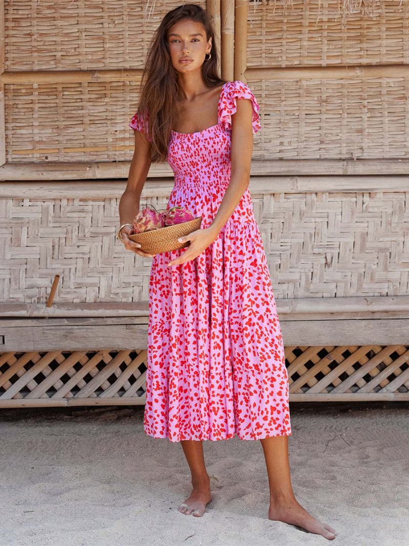 Vestido Floral Feminino Maxi Vestidos Estampa Sem Mangas Gola Quadrada Babados Elegantes Costura Aberta Longo Verão - Rosa