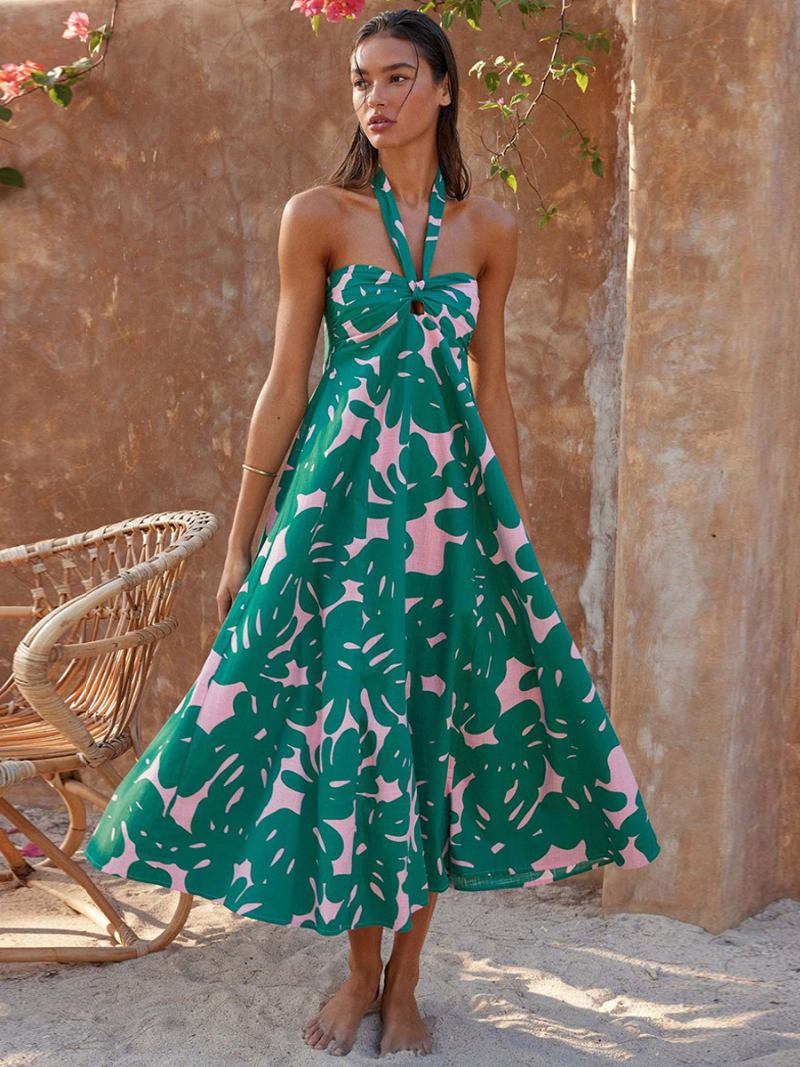 Vestido Floral Feminino Maxi Vestidos Estampa Sem Mangas Halter Chique Renda Costas Longo Verão - Verde