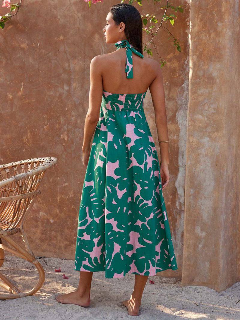 Vestido Floral Feminino Maxi Vestidos Estampa Sem Mangas Halter Chique Renda Costas Longo Verão - Verde