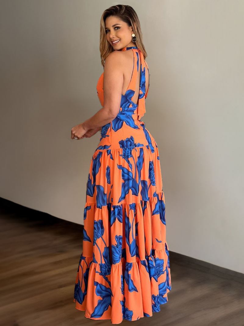 Vestido Floral Feminino Maxi Vestidos Estampados Sem Mangas Halter Elegante Renda Primavera - Laranja