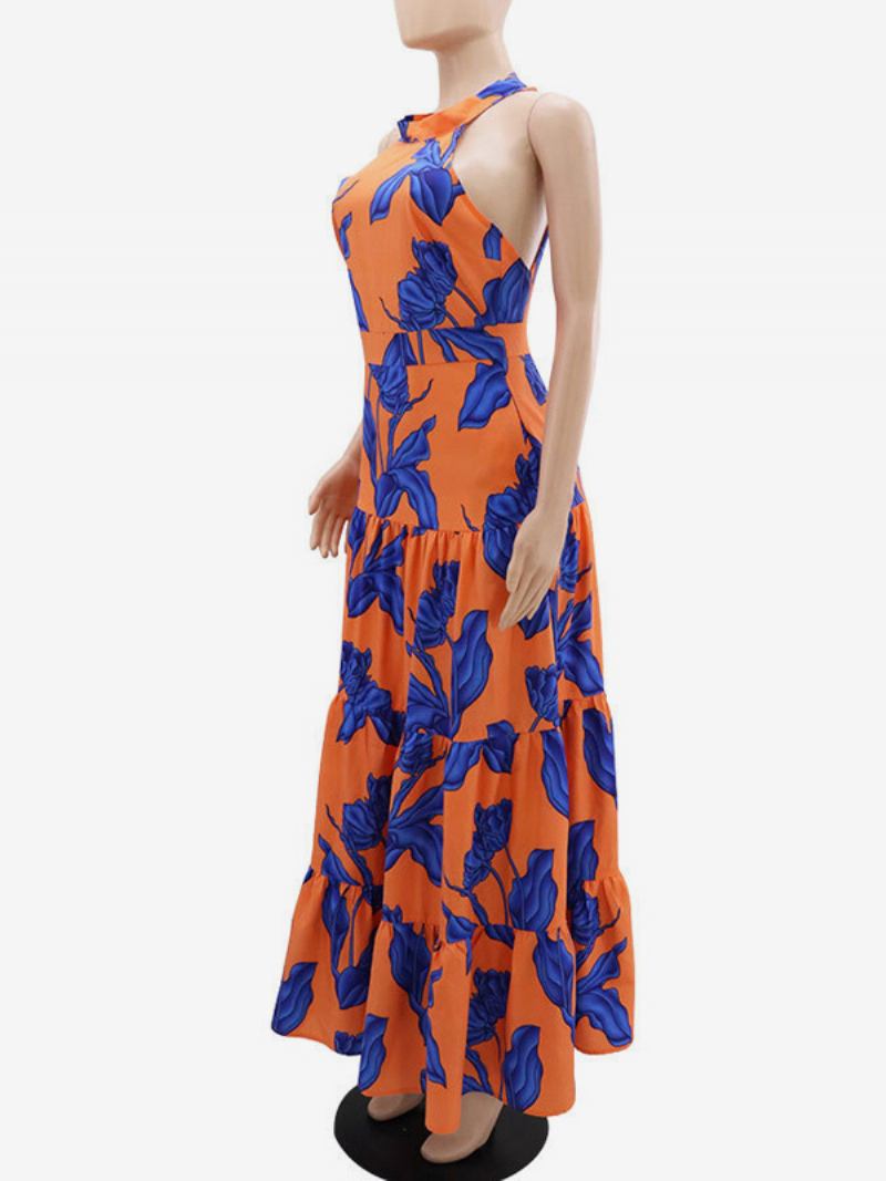 Vestido Floral Feminino Maxi Vestidos Estampados Sem Mangas Halter Elegante Renda Primavera - Laranja