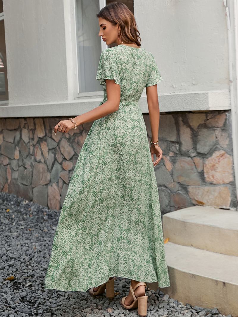 Vestido Floral Feminino Midi Estampa Manga Curta Decote Em V Chique Renda Fenda Frontal Verão - Verde