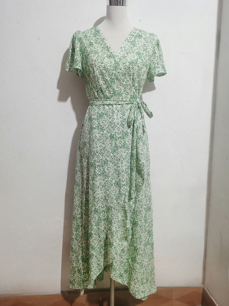 Vestido Floral Feminino Midi Estampa Manga Curta Decote Em V Chique Renda Fenda Frontal Verão - Verde