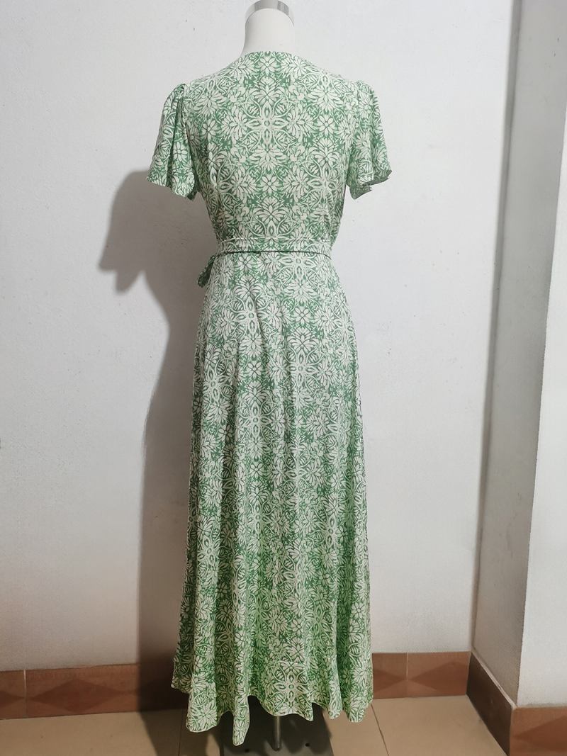 Vestido Floral Feminino Midi Estampa Manga Curta Decote Em V Chique Renda Fenda Frontal Verão - Verde