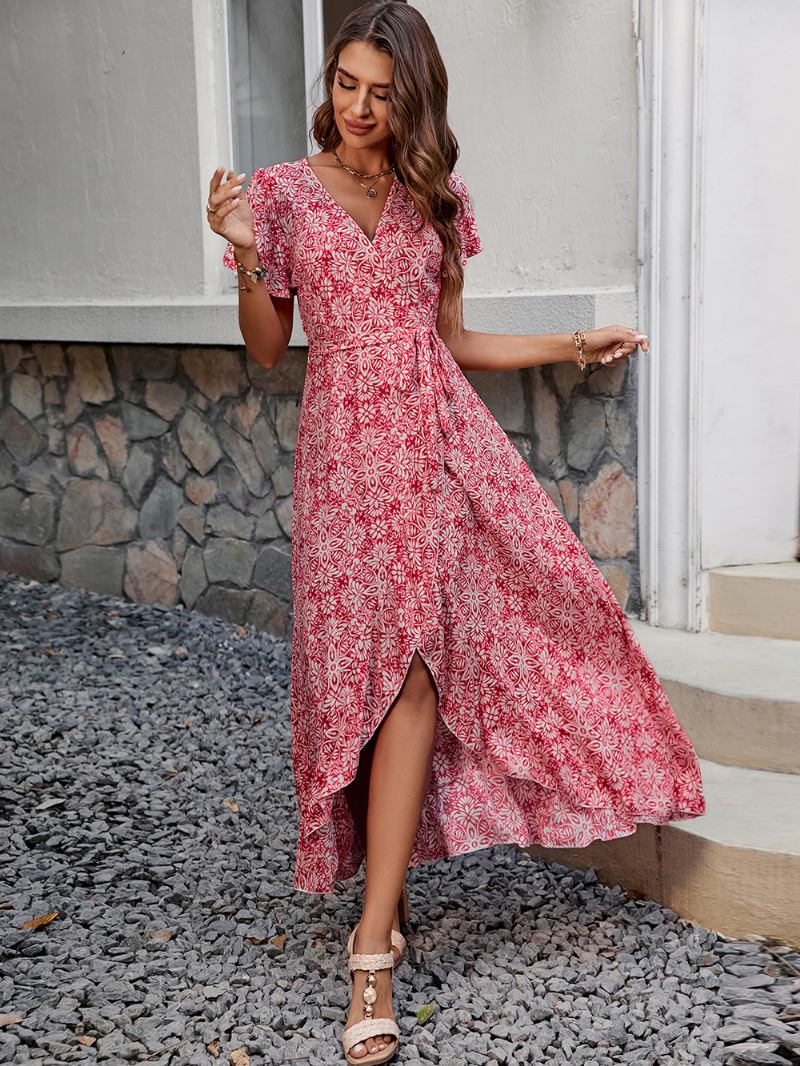 Vestido Floral Feminino Midi Estampa Manga Curta Decote Em V Chique Renda Fenda Frontal Verão - Vermelho