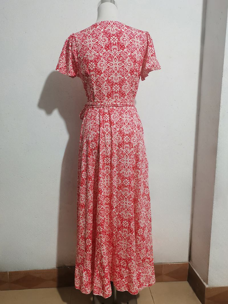 Vestido Floral Feminino Midi Estampa Manga Curta Decote Em V Chique Renda Fenda Frontal Verão - Vermelho