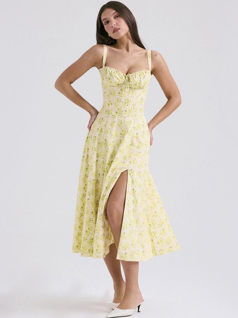 Vestido Floral Feminino Midi Estampa Sem Mangas Alças Pescoço Elegante Renda Até Fenda Lateral Longo Verão - Amarelo