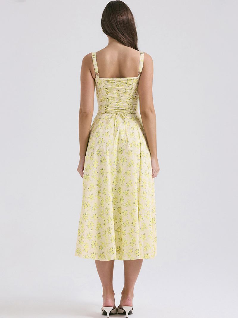 Vestido Floral Feminino Midi Estampa Sem Mangas Alças Pescoço Elegante Renda Até Fenda Lateral Longo Verão - Amarelo