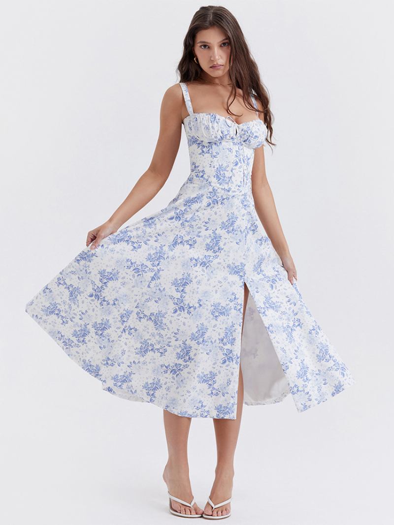 Vestido Floral Feminino Midi Estampa Sem Mangas Alças Pescoço Elegante Renda Até Fenda Lateral Longo Verão - Azul