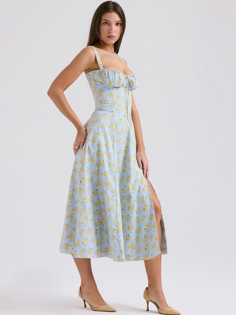 Vestido Floral Feminino Midi Estampa Sem Mangas Alças Pescoço Elegante Renda Até Fenda Lateral Longo Verão - Azul Céu Claro