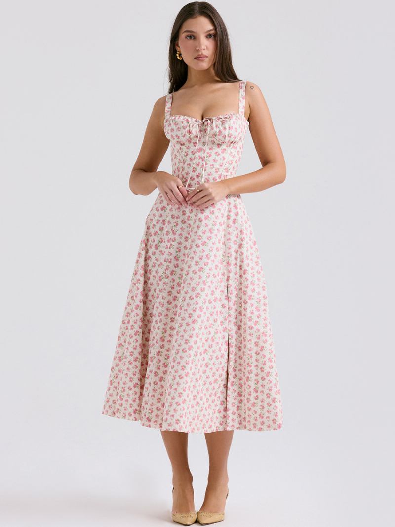 Vestido Floral Feminino Midi Estampa Sem Mangas Alças Pescoço Elegante Renda Até Fenda Lateral Longo Verão - Rosa