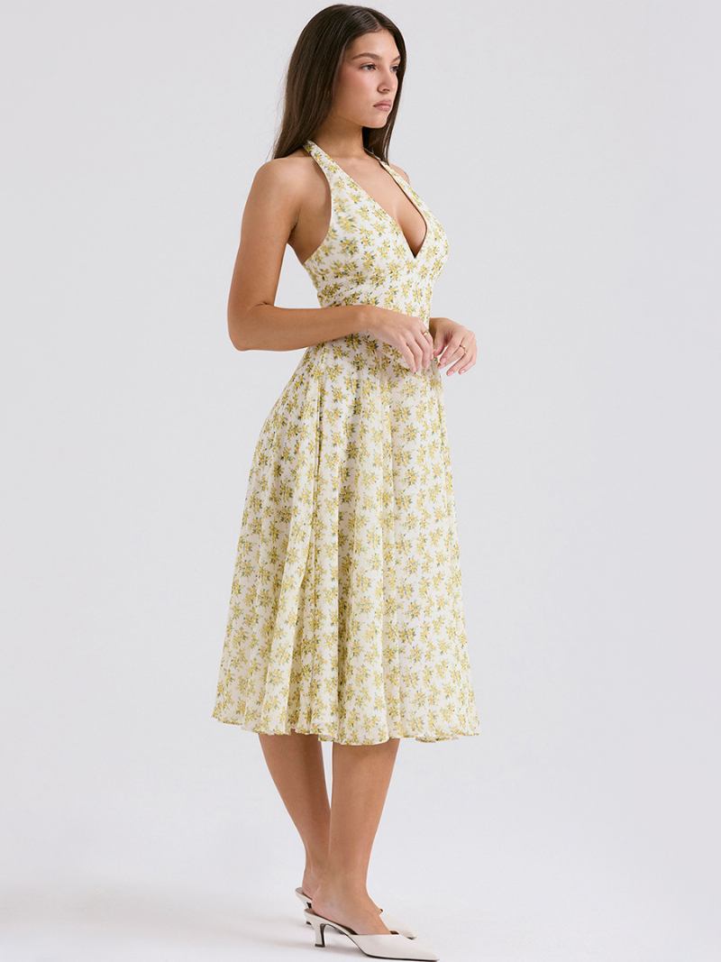 Vestido Floral Feminino Midi Estampa Sem Mangas Decote Em V Chique Costura Aberta Longo Verão - Amarelo