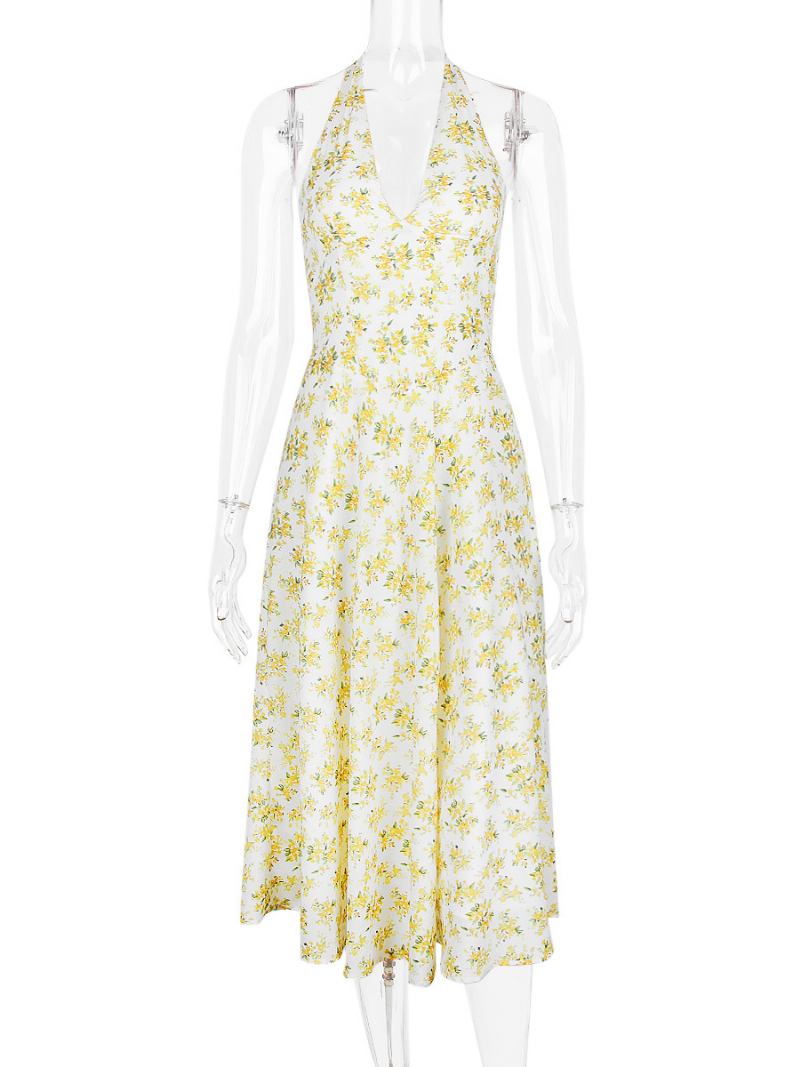 Vestido Floral Feminino Midi Estampa Sem Mangas Decote Em V Chique Costura Aberta Longo Verão - Amarelo