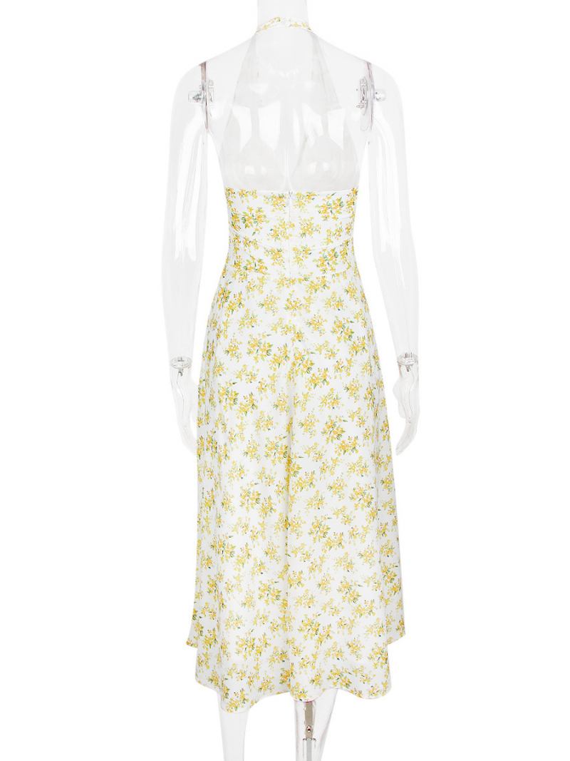 Vestido Floral Feminino Midi Estampa Sem Mangas Decote Em V Chique Costura Aberta Longo Verão - Amarelo