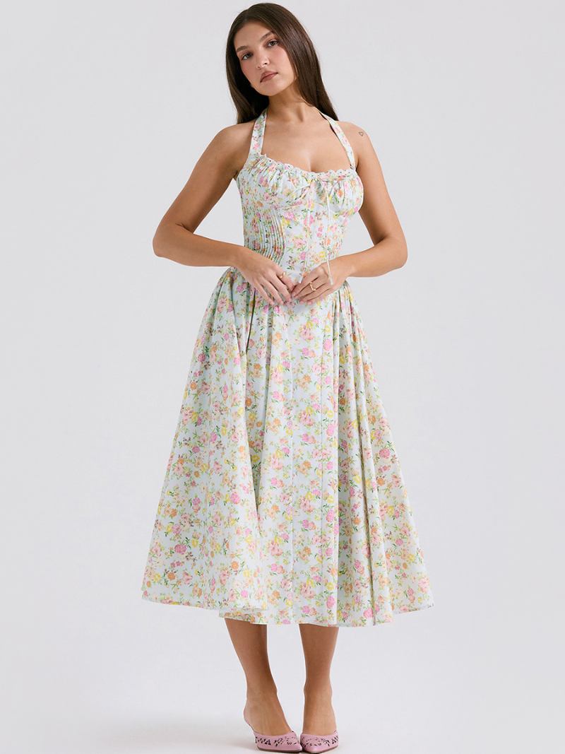 Vestido Floral Feminino Midi Vestidos Estampa Alças Ajustáveis Rendas Até Halter Sem Mangas Elegante Outono Longo - Verde Pastel