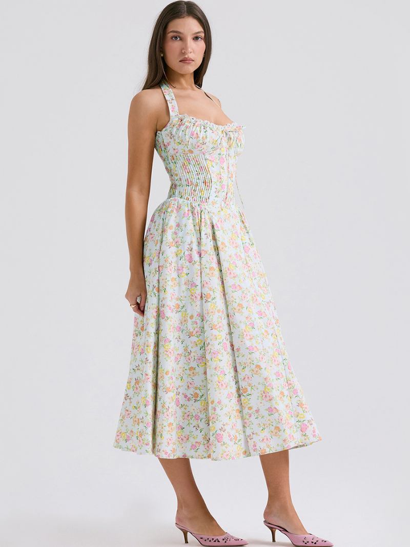 Vestido Floral Feminino Midi Vestidos Estampa Alças Ajustáveis Rendas Até Halter Sem Mangas Elegante Outono Longo - Verde Pastel