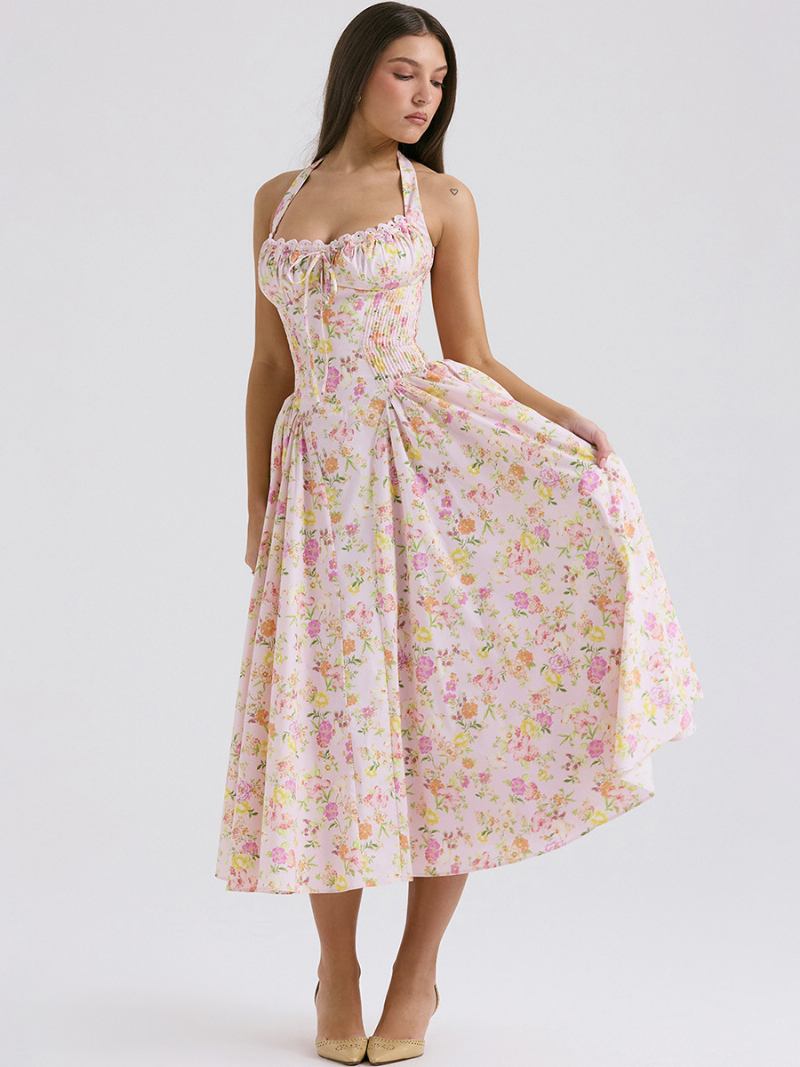 Vestido Floral Feminino Midi Vestidos Estampa Alças Ajustáveis Rendas Até Halter Sem Mangas Elegante Outono Longo - Rosa