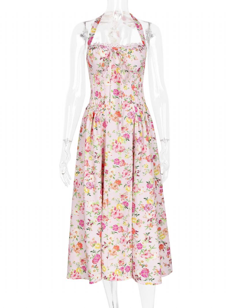 Vestido Floral Feminino Midi Vestidos Estampa Alças Ajustáveis Rendas Até Halter Sem Mangas Elegante Outono Longo - Rosa