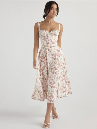 Vestido Floral Feminino Midi Vestidos Estampa Alças Fenda Alta Pescoço Sem Mangas Boêmio Verão