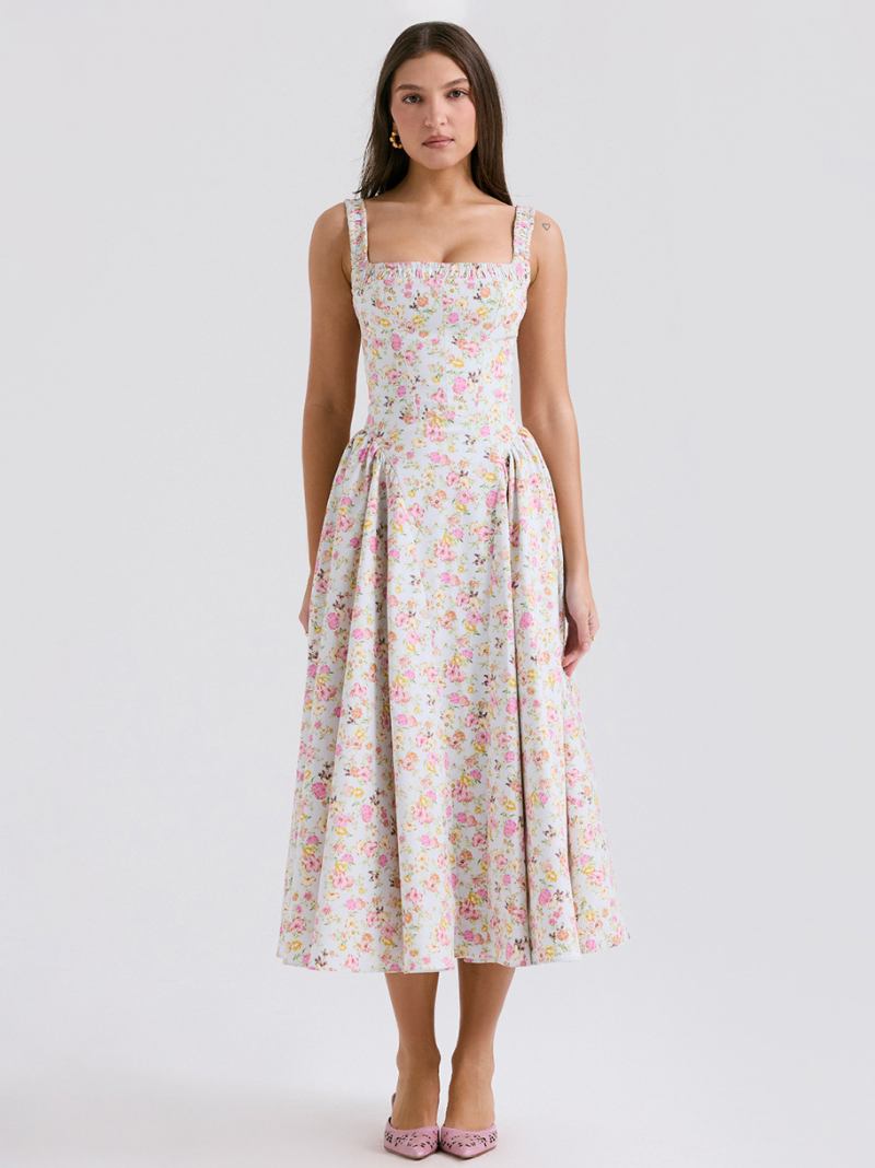 Vestido Floral Feminino Midi Vestidos Estampa Alças Pescoço Sem Costura Aberta Chique Verão Longo