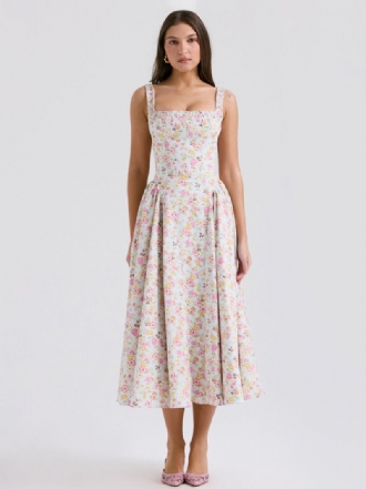 Vestido Floral Feminino Midi Vestidos Estampa Alças Pescoço Sem Costura Aberta Chique Verão Longo