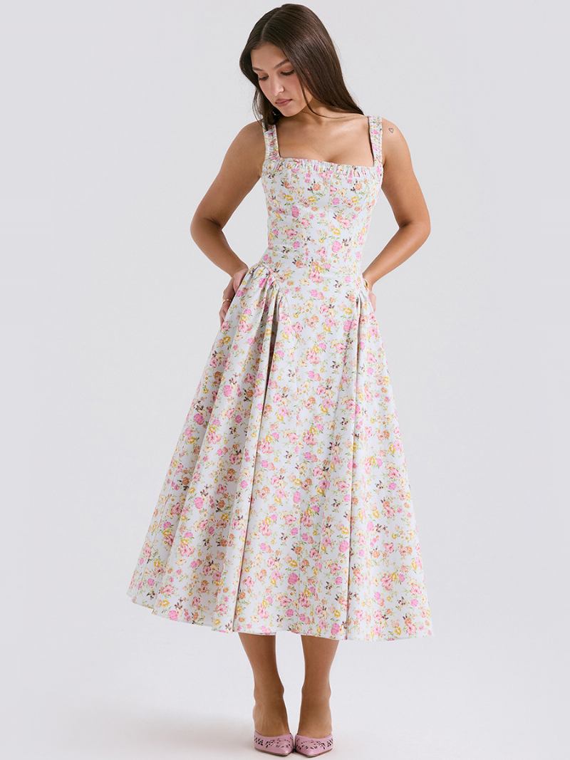 Vestido Floral Feminino Midi Vestidos Estampa Alças Pescoço Sem Costura Aberta Chique Verão Longo - Verde Pastel