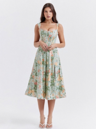 Vestido Floral Feminino Midi Vestidos Estampa Divisão Frontal Bateau Pescoço Sem Mangas Zíper Costura Aberta Chique Verão Longo