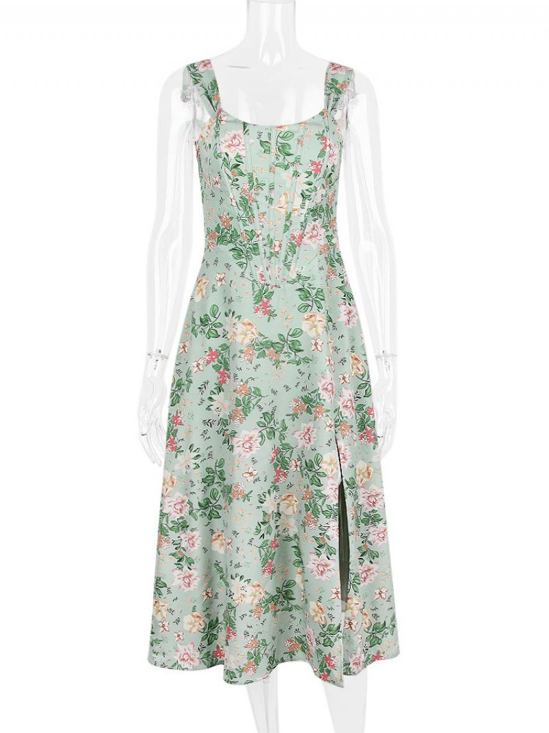 Vestido Floral Feminino Midi Vestidos Estampa Divisão Frontal Bateau Pescoço Sem Mangas Zíper Costura Aberta Chique Verão Longo - Verde