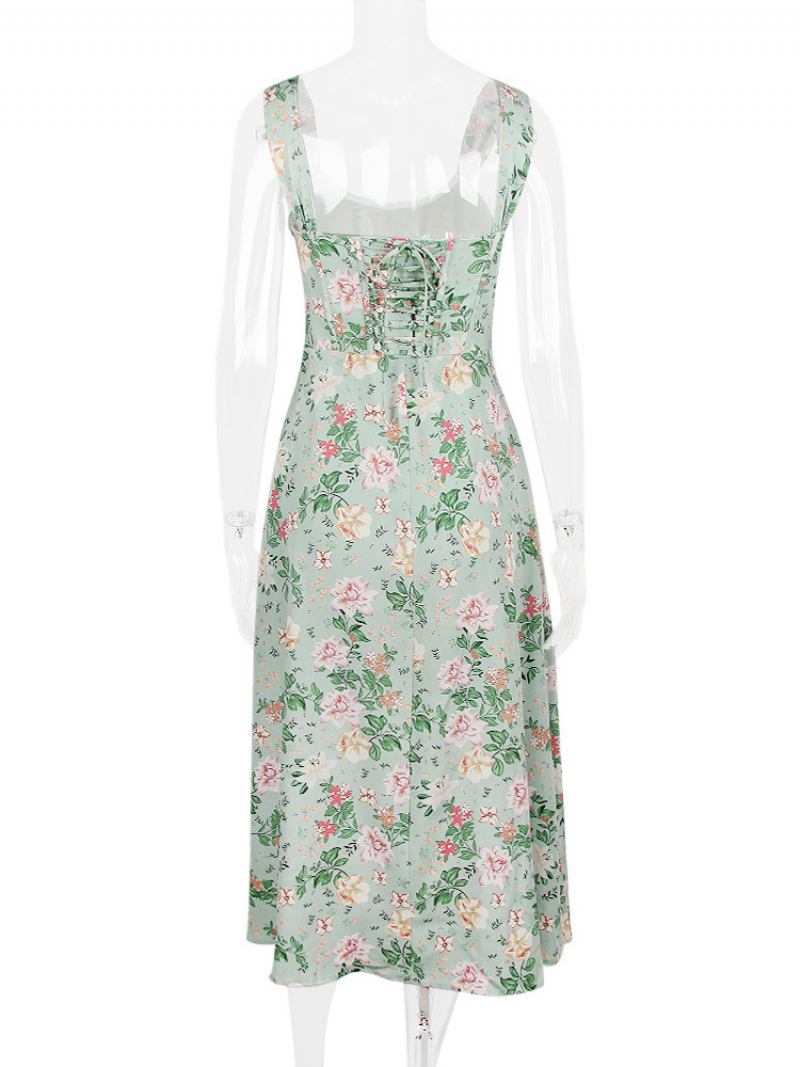 Vestido Floral Feminino Midi Vestidos Estampa Divisão Frontal Bateau Pescoço Sem Mangas Zíper Costura Aberta Chique Verão Longo - Verde