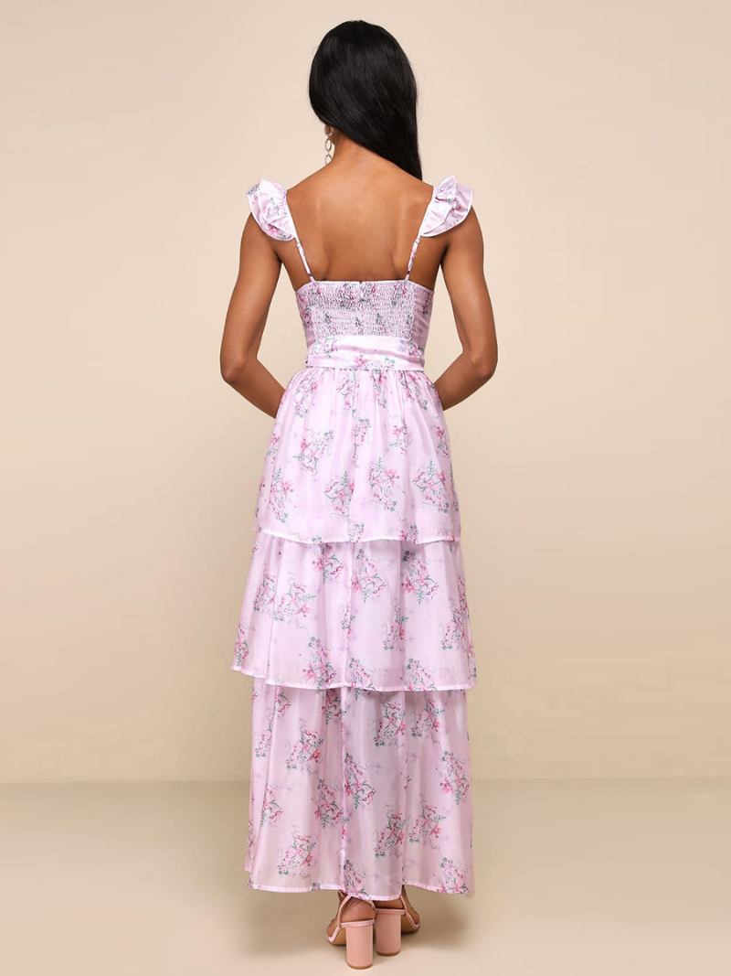 Vestido Floral Feminino Midi Vestidos Estampa Em Camadas Babados Alças Pescoço Sem Mangas Zíper Chique Outono Longo - Rosa