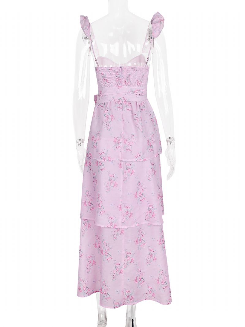 Vestido Floral Feminino Midi Vestidos Estampa Em Camadas Babados Alças Pescoço Sem Mangas Zíper Chique Outono Longo - Rosa