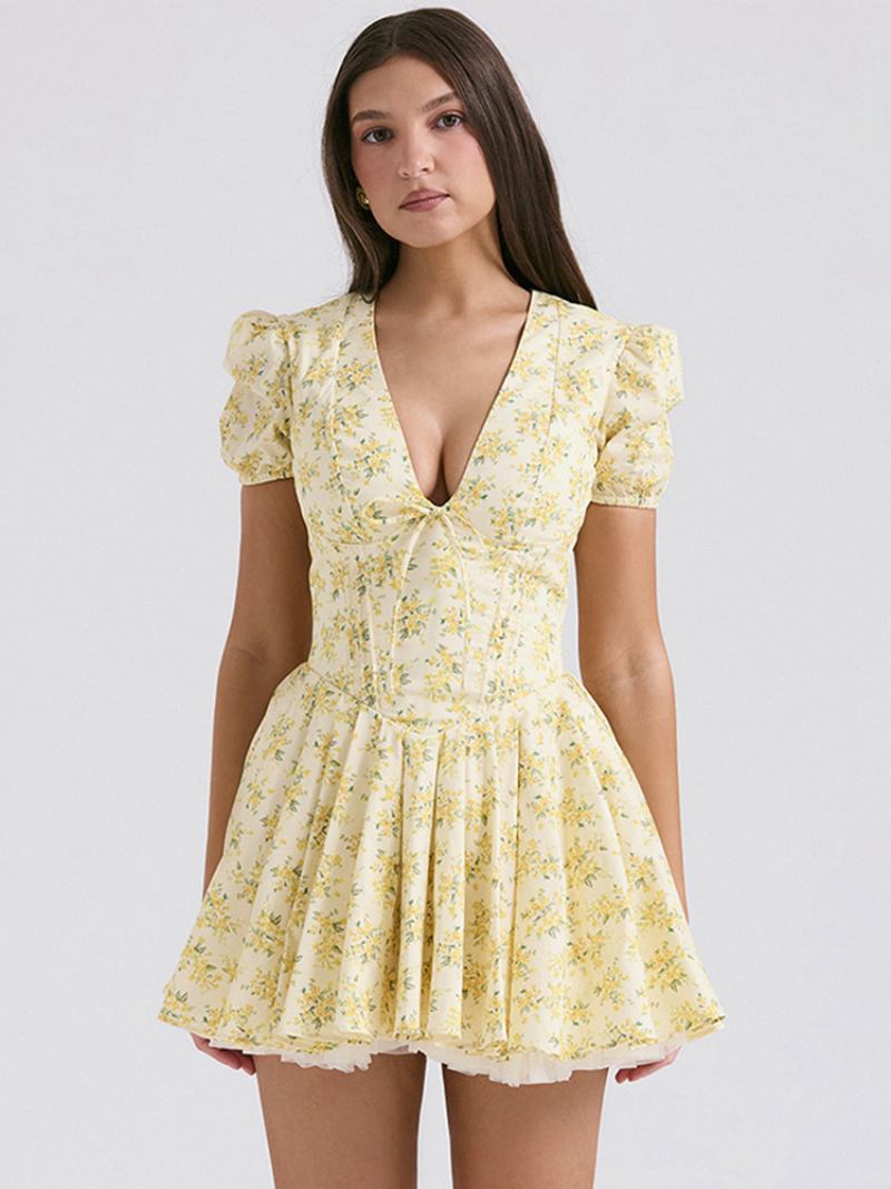 Vestido Floral Feminino Mini Vestidos Estampa Mangas Curtas Com Decote Em V Chique Rendas Até Zíper Sem Costura Aberta Curto Verão - Amarelo