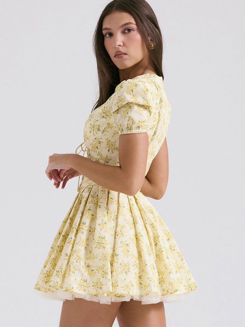 Vestido Floral Feminino Mini Vestidos Estampa Mangas Curtas Com Decote Em V Chique Rendas Até Zíper Sem Costura Aberta Curto Verão - Amarelo