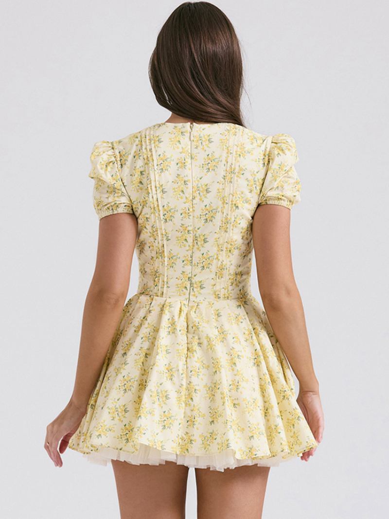 Vestido Floral Feminino Mini Vestidos Estampa Mangas Curtas Com Decote Em V Chique Rendas Até Zíper Sem Costura Aberta Curto Verão - Amarelo