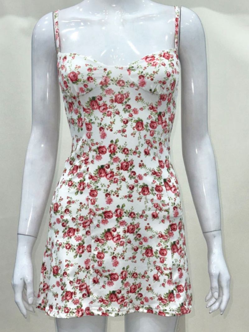 Vestido Floral Feminino Mini Vestidos Sem Mangas Alças Pescoço Sexy Primavera - Vermelho