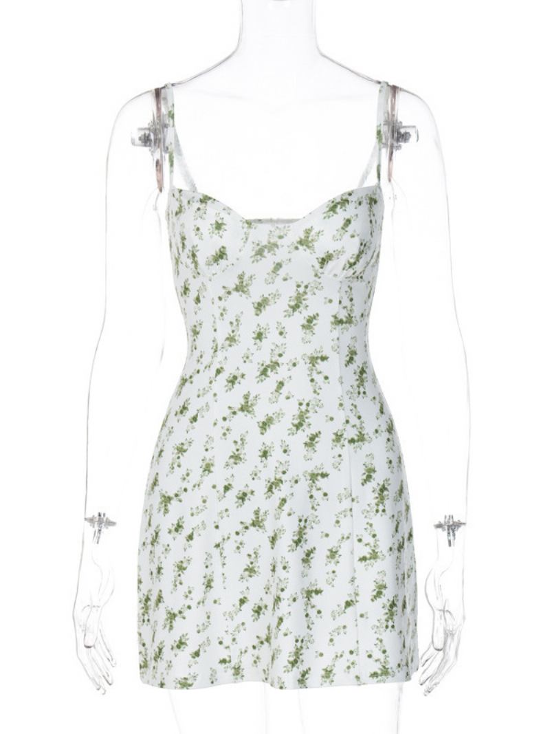 Vestido Floral Feminino Mini Vestidos Sem Mangas Alças Pescoço Sexy Primavera - Branco