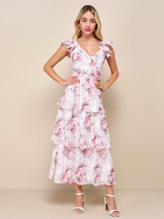 Vestido Floral Feminino Vestidos Maxi Estampa Em Camadas Babados Com Decote V Sem Mangas Costura Aberta Chique Verão Longo