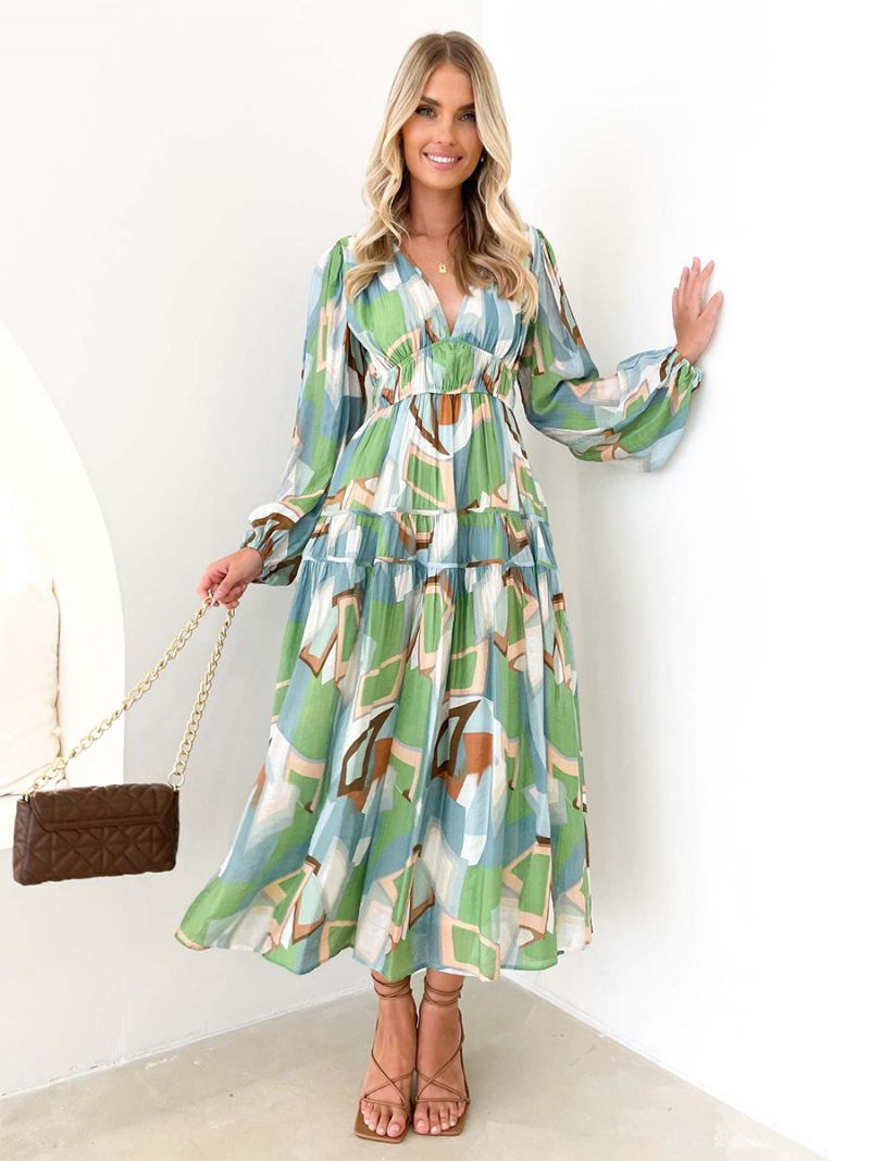 Vestido Floral Feminino Vestidos Maxi Estampa Plissado Com Decote Em V Mangas Compridas Sem Costura Aberta Casual Verão Longo - Verde 