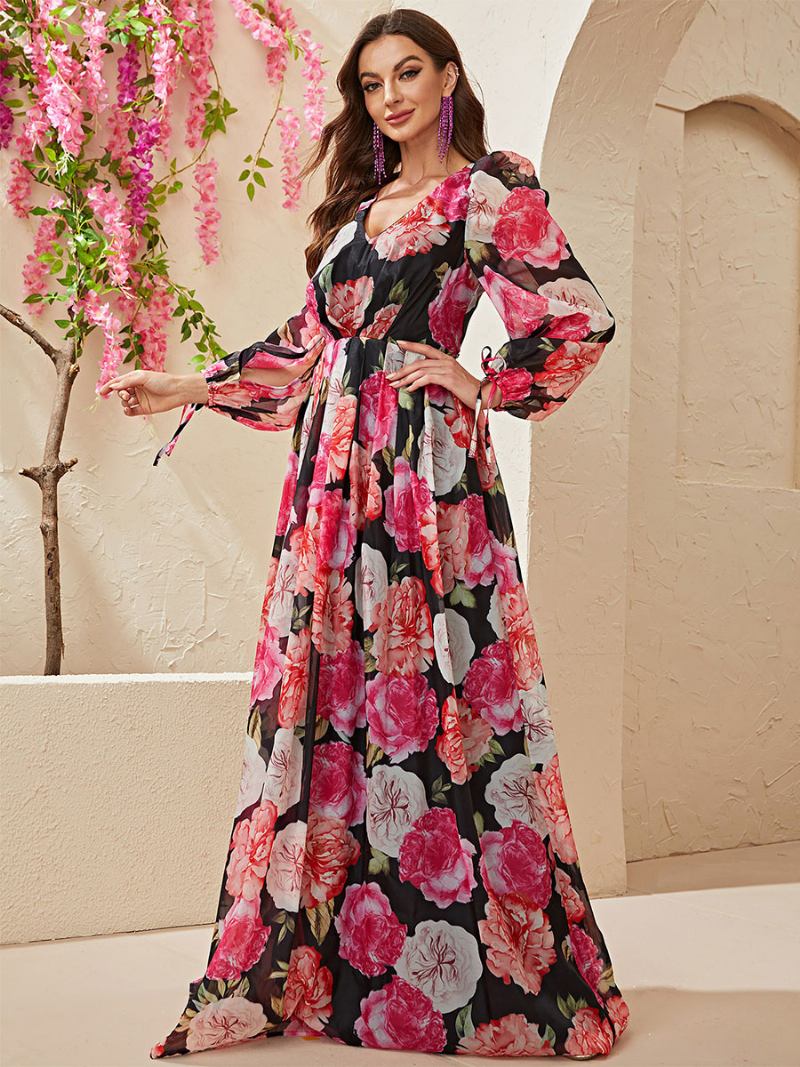 Vestido Floral Feminino Vestidos Maxi Estampa Rendas Até Decote Em V Mangas Compridas Sem Costura Aberta Elegante Outono Longo - Preto