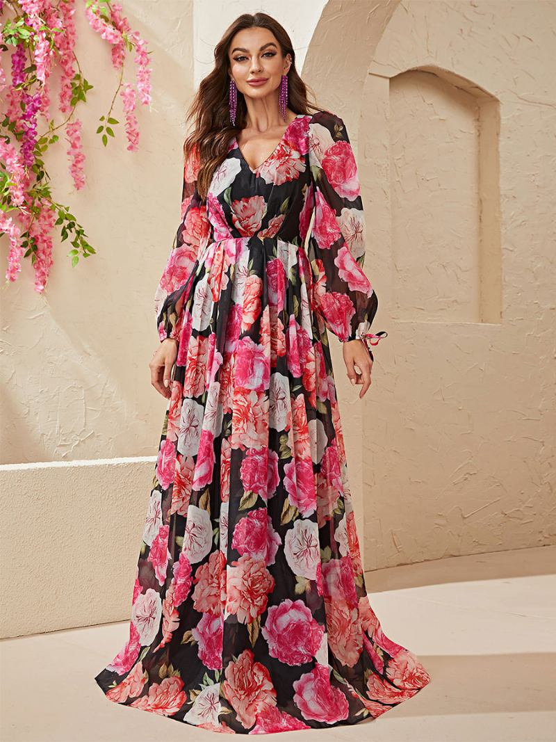 Vestido Floral Feminino Vestidos Maxi Estampa Rendas Até Decote Em V Mangas Compridas Sem Costura Aberta Elegante Outono Longo - Preto