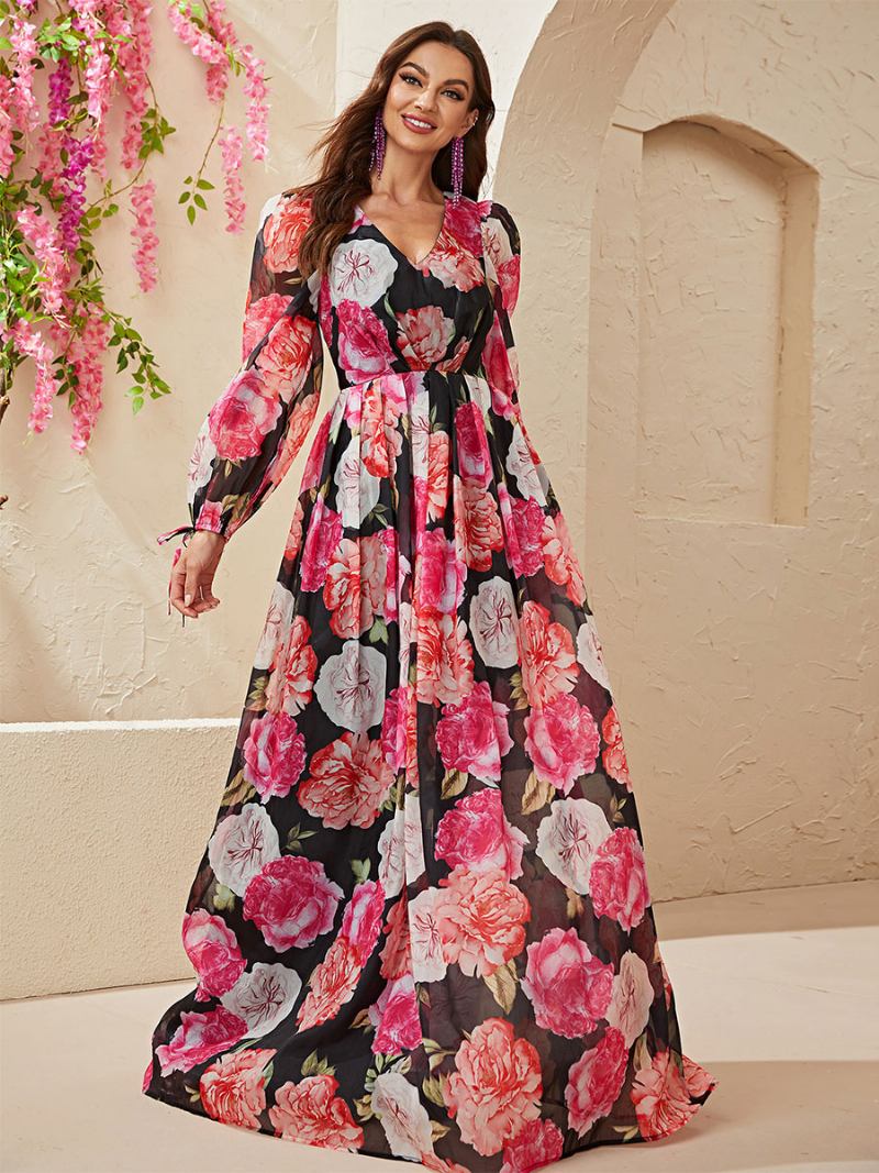 Vestido Floral Feminino Vestidos Maxi Estampa Rendas Até Decote Em V Mangas Compridas Sem Costura Aberta Elegante Outono Longo - Preto