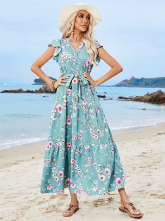 Vestido Floral Feminino Vestidos Maxi Estampa Rendas Até Decote Em V Mangas Curtas Sem Costura Aberta Chique Verão