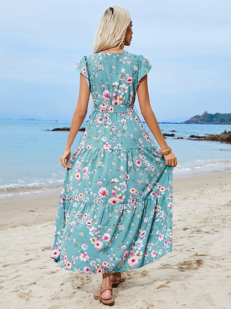 Vestido Floral Feminino Vestidos Maxi Estampa Rendas Até Decote Em V Mangas Curtas Sem Costura Aberta Chique Verão - Cerceta