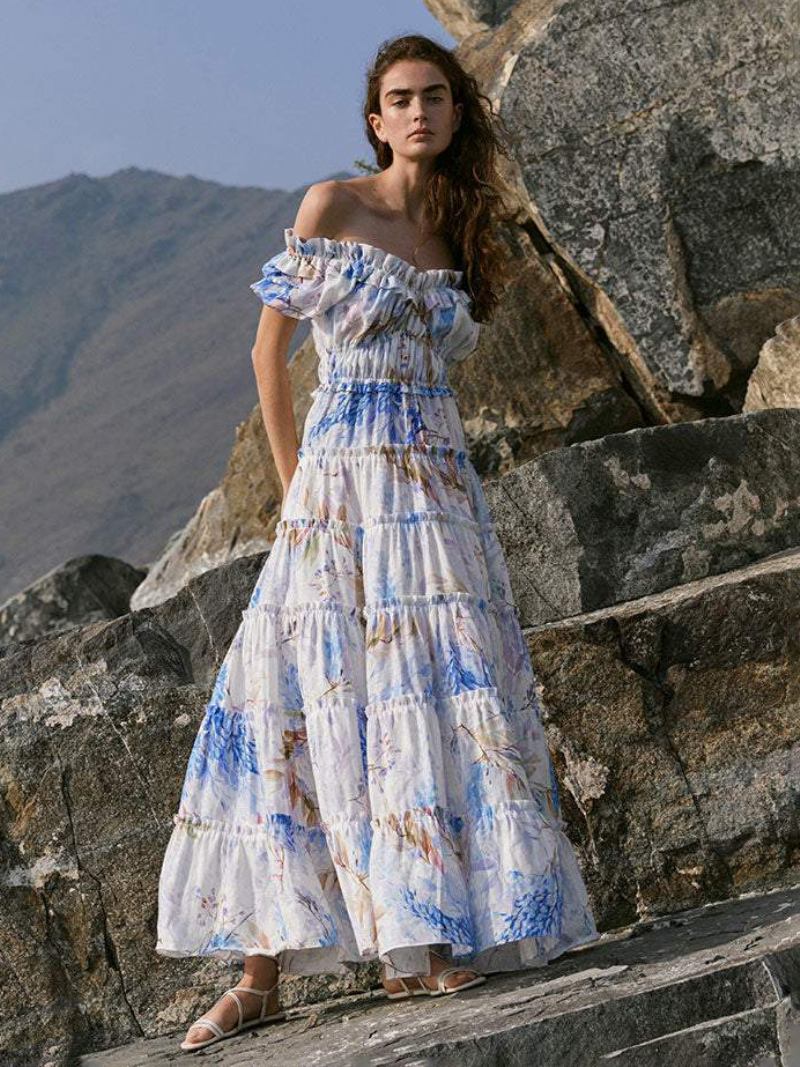 Vestido Floral Feminino Vestidos Maxi Estampa Sem Alças Em Camadas Babados Gola Bateau Mangas Curtas Costura Aberta Chique Outono Longo