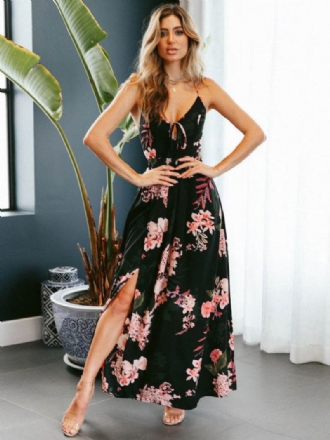 Vestido Floral Maxi Feminino Chá Com Alças Finas Renda Sem Costas Dividido Verão Chiffon Deslizante