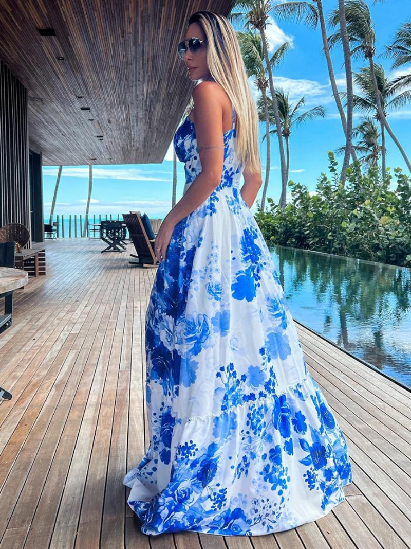 Vestido Floral Ombre Feminino Alças Finas Fenda Alta Em Camadas Vestidos Maxi Casuais Verão - Azul