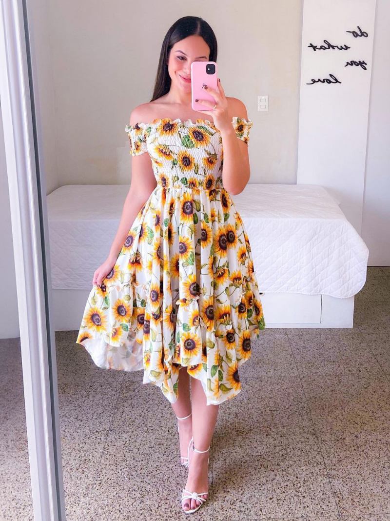 Vestido Lenço Feminino Com Babado Floral Fora Do Shouder Vestidos Midi Verão - Amarelo