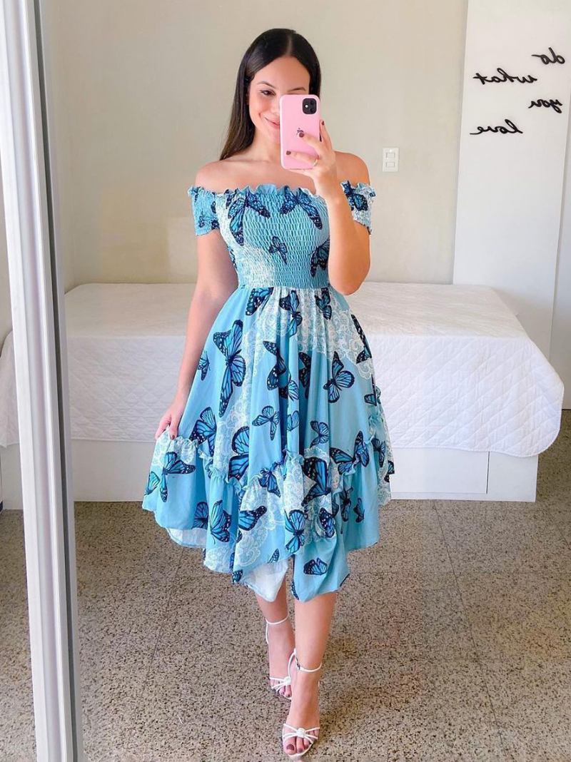 Vestido Lenço Feminino Com Babado Floral Fora Do Shouder Vestidos Midi Verão - Azul Céu Claro