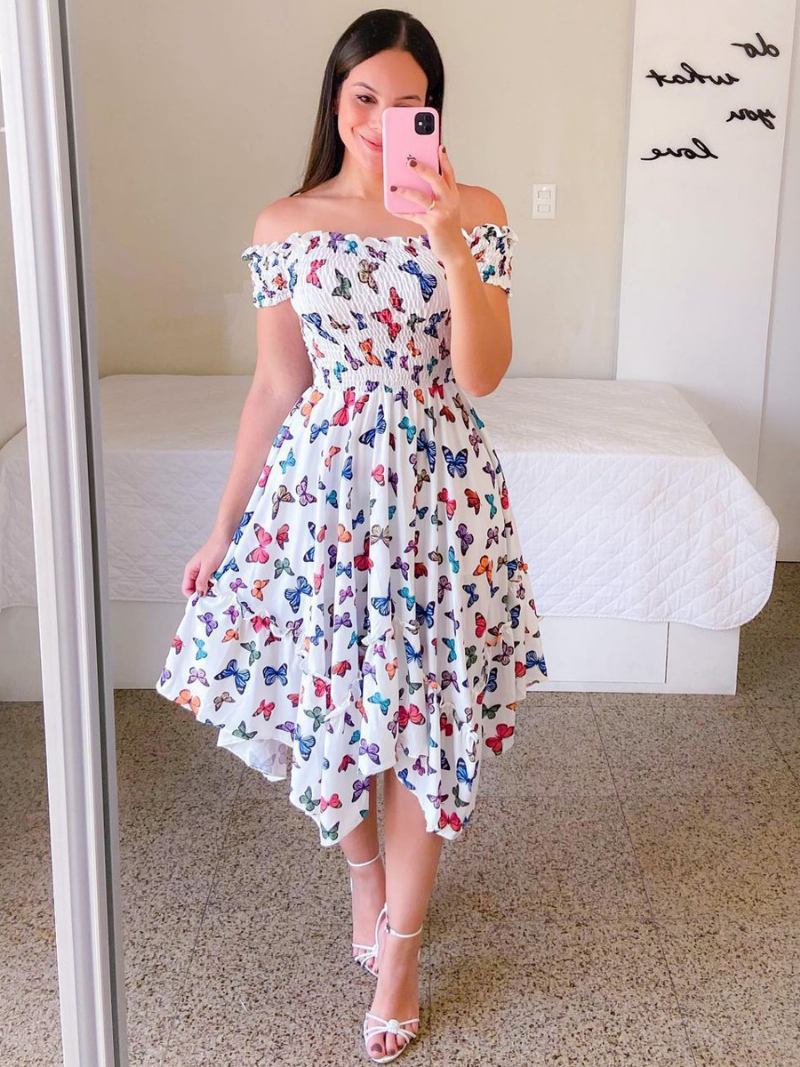 Vestido Lenço Feminino Com Babado Floral Fora Do Shouder Vestidos Midi Verão - Branco