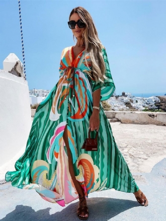 Vestido Longo Com Decote Em V Batwing Boêmio Estampado Saída Praia Para Mulheres